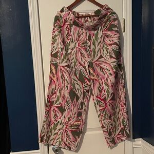 LOFT Pink & Green Leaf-Print Linen Matching Set Top and Pants